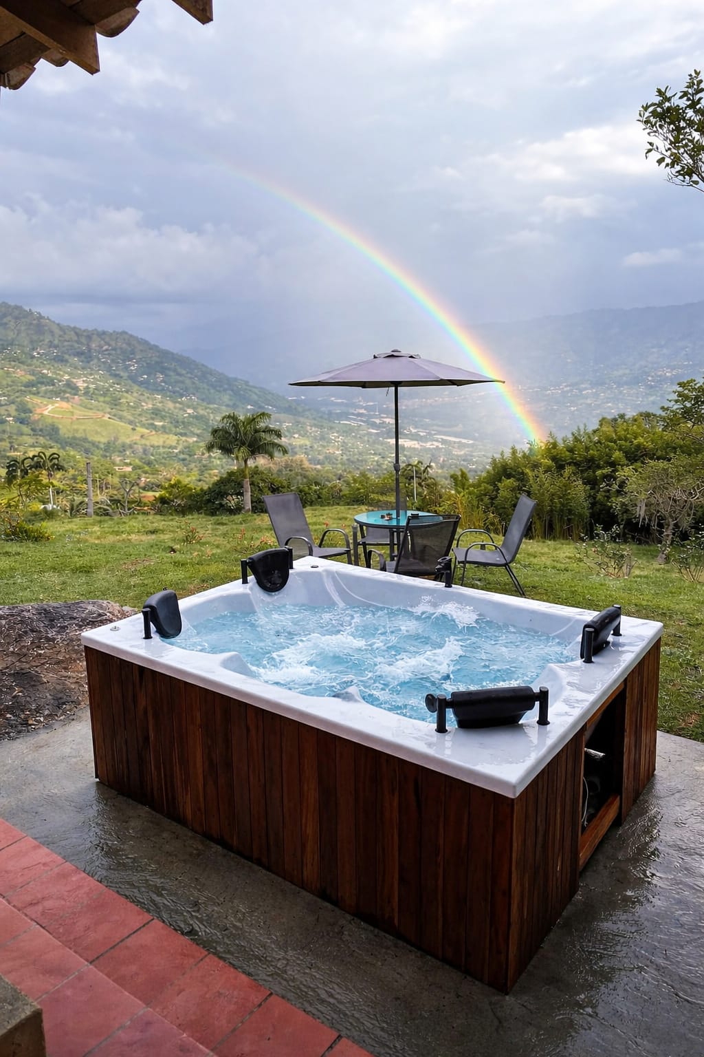 Lujoso Jacuzzi Aquavita en ambiente exterior con arcoiris