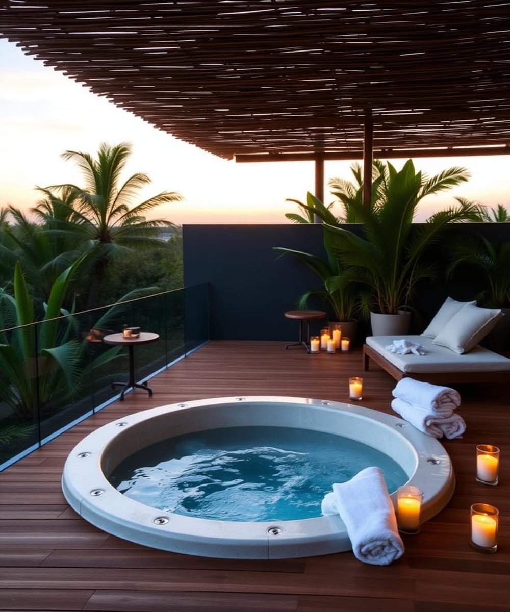 Espacio de bienestar con jacuzzi, velas y vegetación